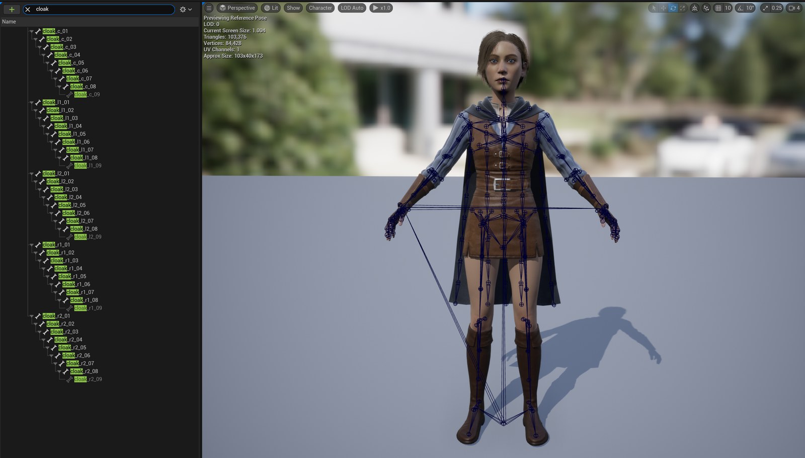 The skeleton in Unreal filtered by 'cloak': five chains of nine bones (cloak_c, cloak_l1, cloak_l2, cloak_r1, cloak_r2) on the left, and Wanderer Female in the viewport with her skeleton drawn over her and the cloak bones hanging down the cape.