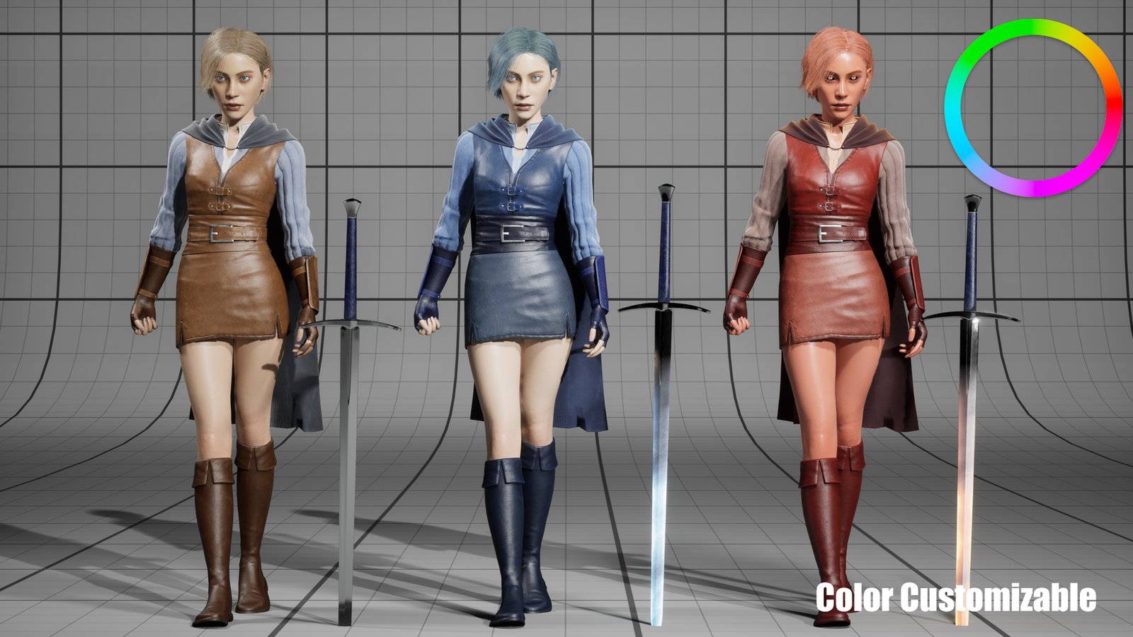 Wanderer Female three times, each beside a sword, with a colour wheel in the corner: brown leather and blond hair; blue leather with darker boots, gloves and belt, and blue hair, with a glowing blue blade; red leather with darker boots and gloves, and copper hair, with a glowing orange blade.
