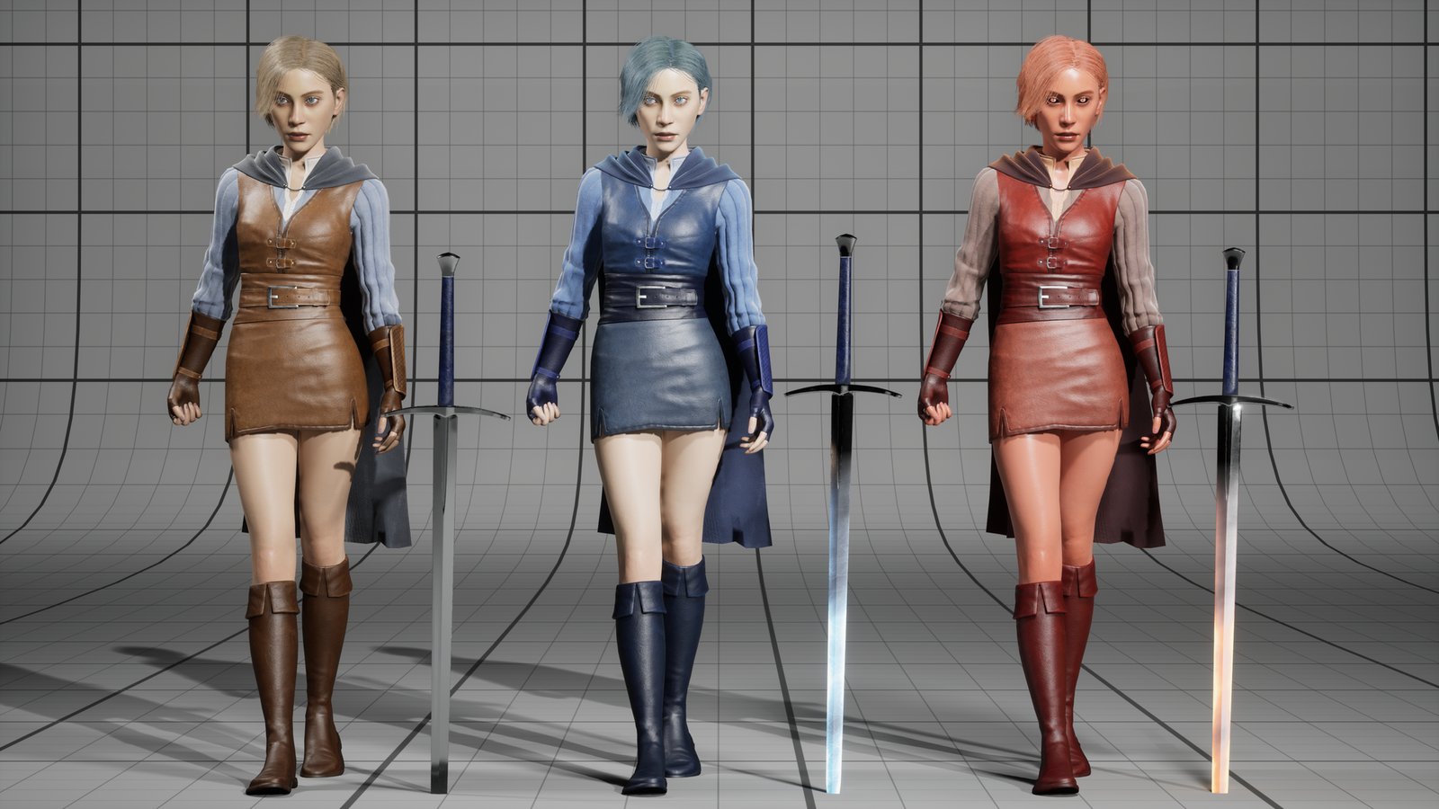 Wanderer Female three times side by side, each beside a longsword: the default brown leather look with blond hair, a blue Ice look with blue hair, dark blue boots and gloves and a glowing blue blade, and a red Fire look with copper hair, dark red boots and a glowing orange blade.