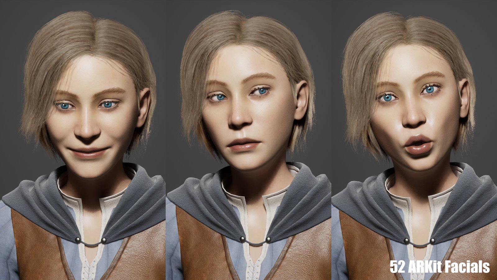 Three close-ups of Wanderer Female's face: smiling, looking aside with the mouth slightly open, and with pursed, rounded lips as if saying 'oo'.