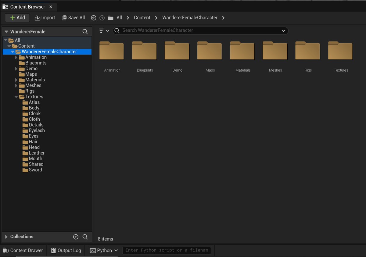 The Unreal Content Browser showing the WandererFemaleCharacter folder and its subfolders: Animation, Blueprints, Demo, Maps, Materials, Meshes, Rigs, and Textures with one folder per material (Atlas, Body, Cloak, Cloth, Details, Eyelash, Eyes, Hair, Head, Leather, Mouth, Shared, Sword).