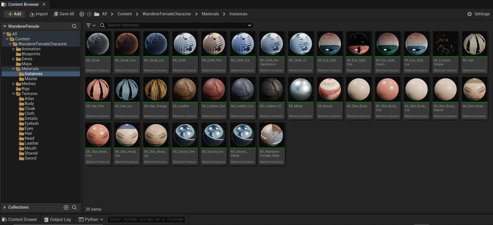 The Materials/Instances folder in the Unreal Content Browser: 35 material instances shown as preview spheres - cape, cloth, eyes, eyelash, hair, leather, metal, mouth, skin body and head, sword and the atlas, most with Fire and Ice versions, plus the extra variations.