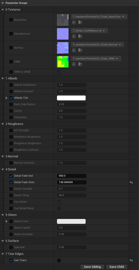 The Details panel of MI_Cloak: textures and the Albedo (with Back Side Darken), Roughness, Normal, Detail, Sheen, Surface and Tear Edges groups.