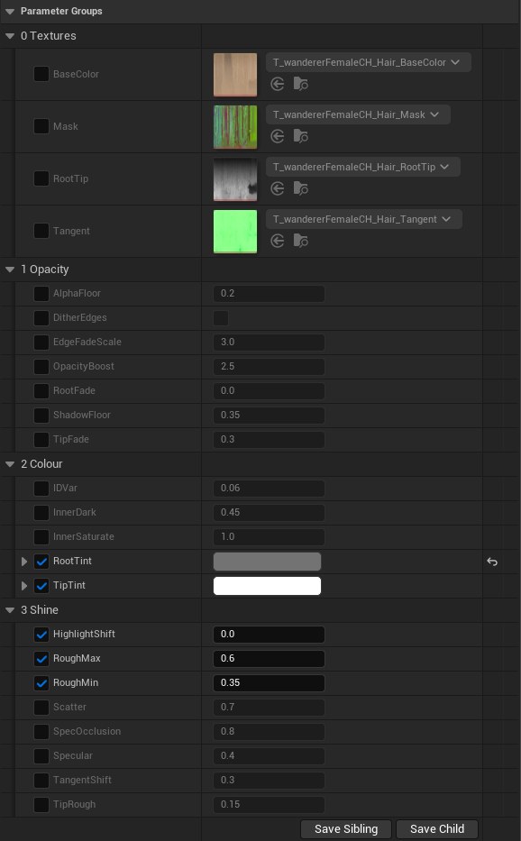 The Details panel of MI_Hair: textures and the Opacity, Colour and Shine groups.