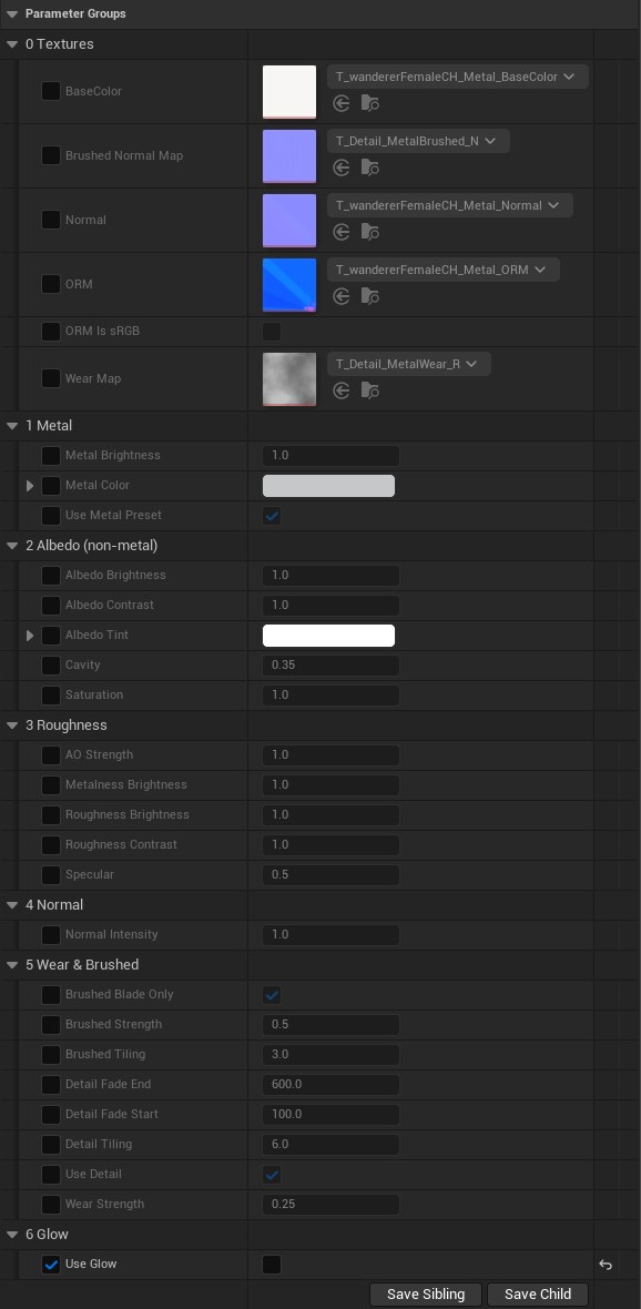 The Details panel of MI_Metal: textures and the Metal, Albedo (non-metal), Roughness, Normal, Wear and Brushed, and Glow groups.