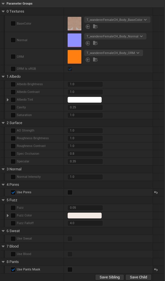 The Details panel of MI_Skin_Body: textures, albedo, surface, normal, and the Pores, Fuzz, Sweat, Blood and Pants groups.