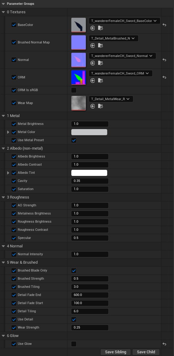 The Details panel of MI_Sword_Metal: Metal, Albedo, Roughness, Normal, Wear and Brushed, and Glow groups.