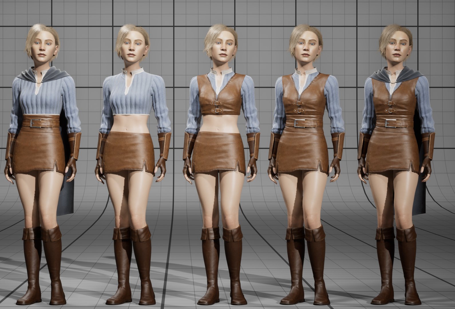 Wanderer Female five times in a row: cropped ribbed shirt with belt and cape; cropped shirt alone; short leather vest over the shirt; the vest with the belt; and the vest with belt and cape.