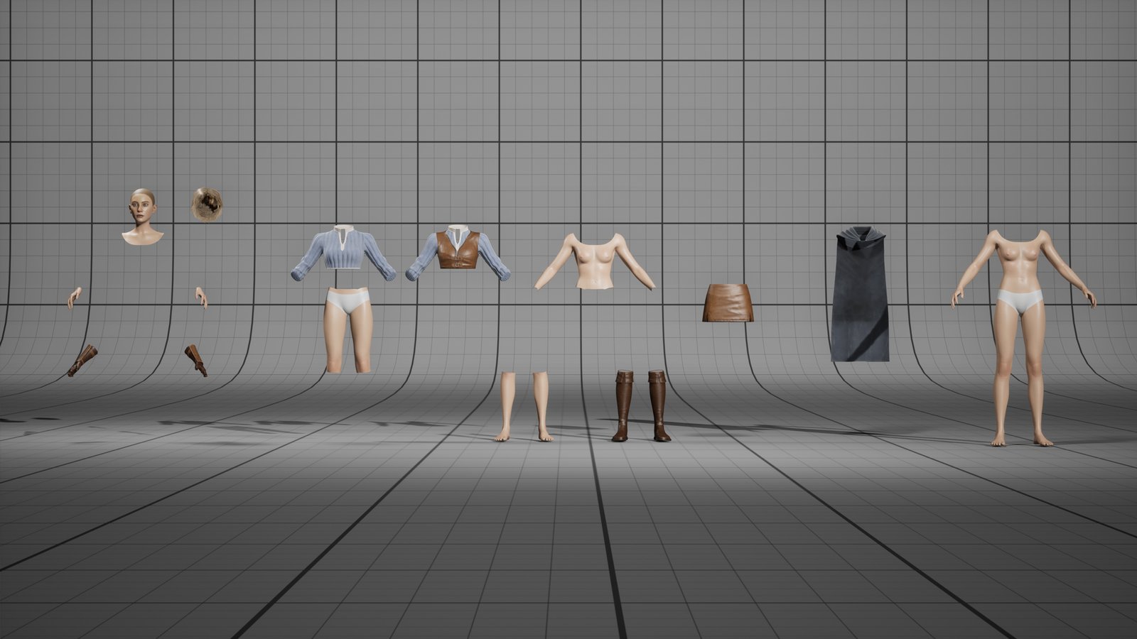 Every modular part laid out side by side: the head, the hair, the hands, the gloves, the cropped shirt, the vest over the shirt, the lower body, the upper body, the lower legs, the boots, the skirt, the cape, and the whole body in underwear.