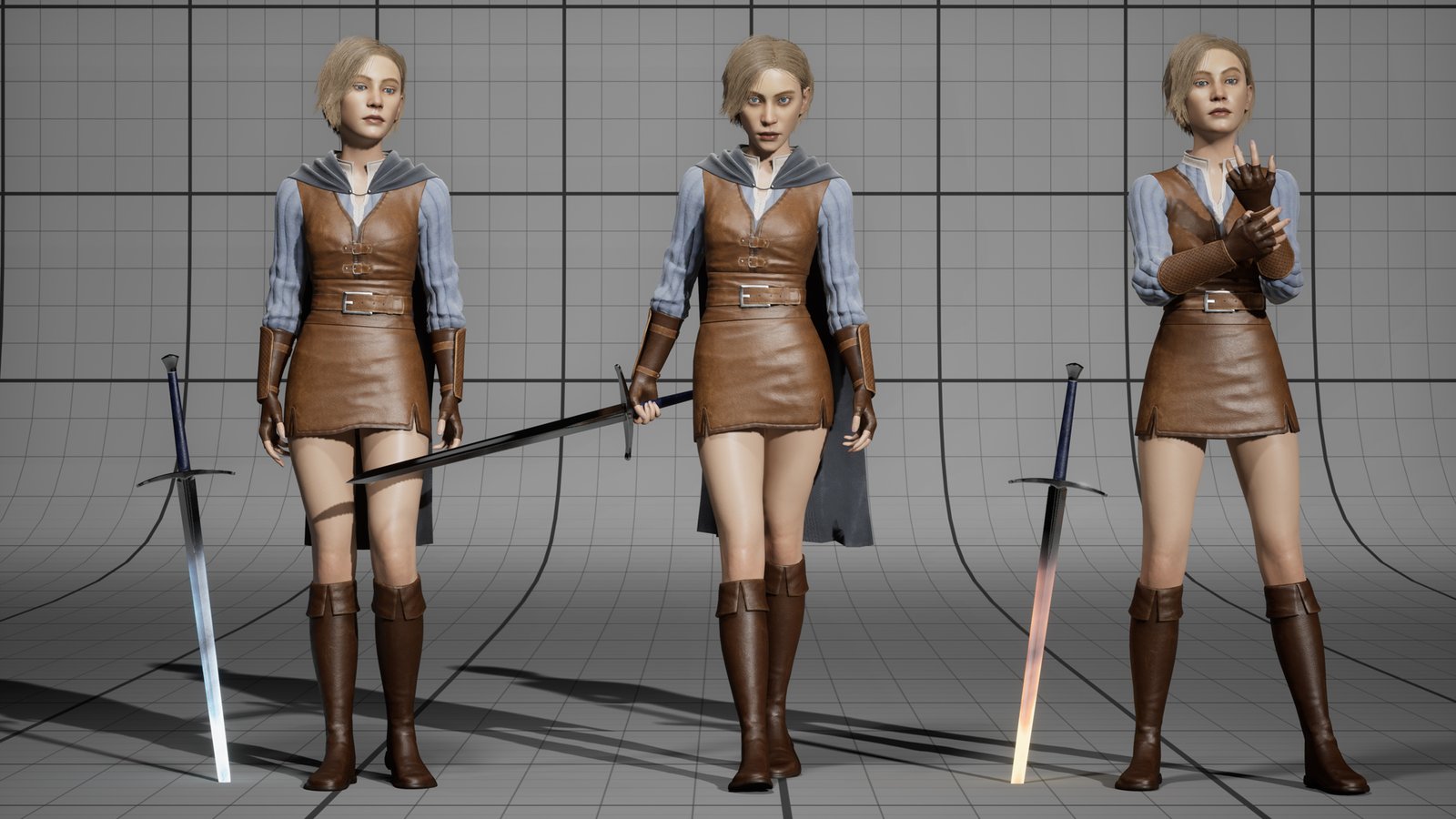 Three poses of Wanderer Female: standing beside an ice sword stuck in the ground, holding a steel sword low across her body, and pulling on a glove beside a fire sword.