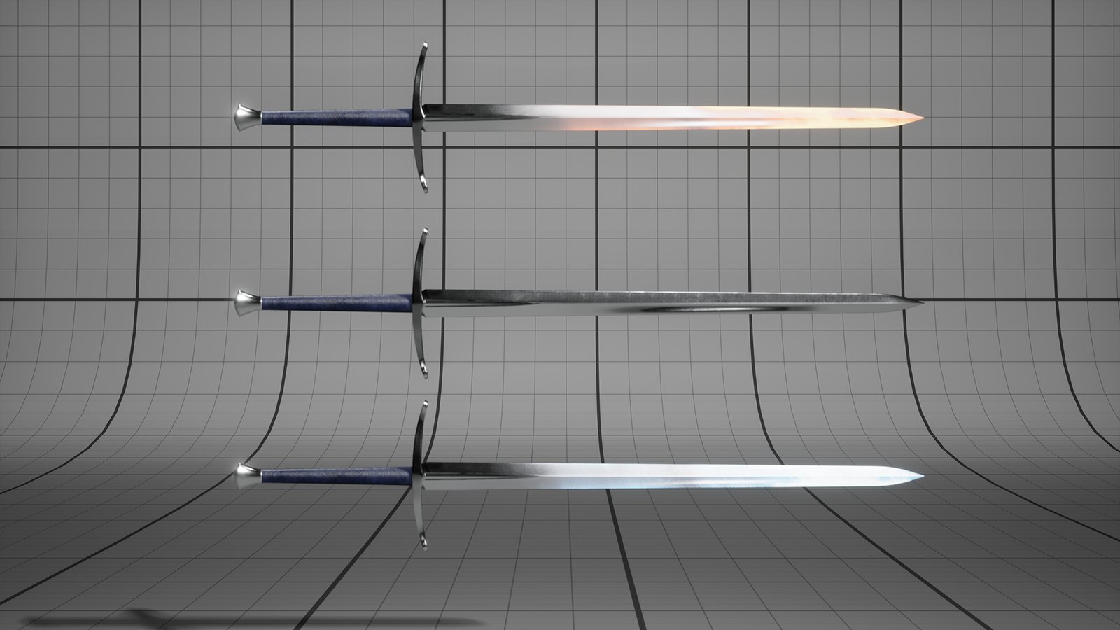 Three longswords with blue grips, one above the other: the top blade glows orange from the tip, the middle one is plain steel, the bottom blade glows icy blue.